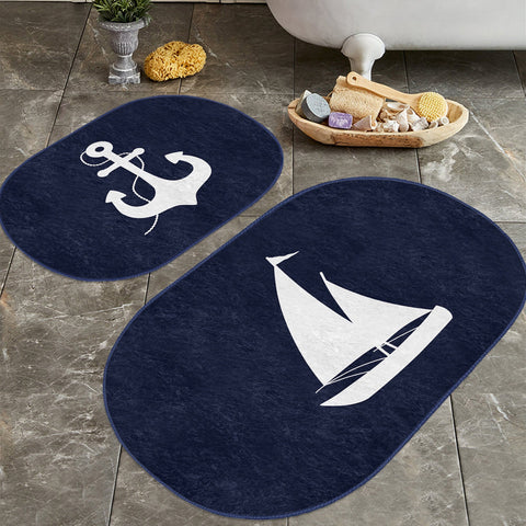 Set of 2 Nautical Bath Mat|Non-Slip Bathroom Decor|Anchor Bath Rug|Navy Marine Kitchen Floor Mat|Oval Coastal Shower Home Entrance Carpet