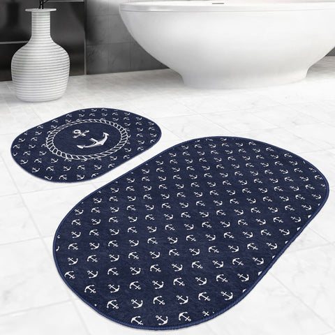 Set of 2 Nautical Bath Mat|Non-Slip Bathroom Decor|Anchor Bath Rug|Navy Marine Kitchen Floor Mat|Oval Coastal Shower Home Entrance Carpet