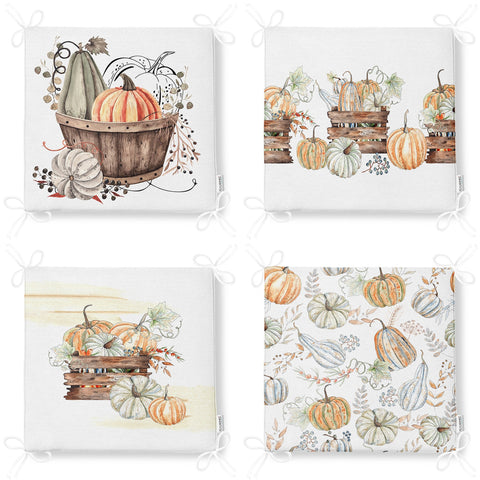 Set of 4 Fall Trend Chair Cushion|Pumpkin and Leaves Seat Pad with Zip Ties|Farmhouse Autumn Chair Pad Set|Thanksgiving Outdoor Seat Cushion