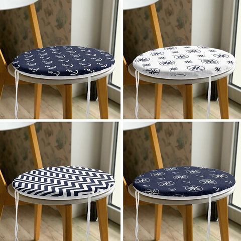 Set of 4 Round Chair, Stool Cushion|Anchor and Compass Seat Pad with Zip, Ties|Nautical Zigzag Chair Pad|Coastal Outdoor Seat Cushion