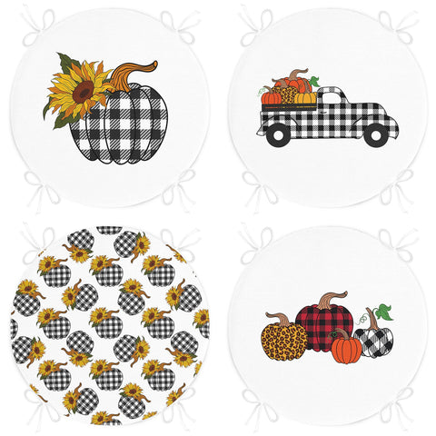 Set of 4 Round Chair, Stool Cushion|Checkered Pumpkin Truck Seat Pad with Zip, Ties|Fall Trend Chair Pad|Farmhouse Outdoor Seat Cushion