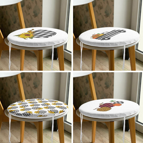 Set of 4 Round Chair, Stool Cushion|Checkered Pumpkin Truck Seat Pad with Zip, Ties|Fall Trend Chair Pad|Farmhouse Outdoor Seat Cushion