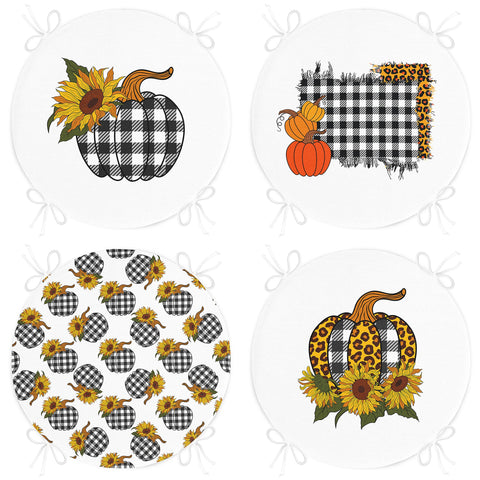 Set of 4 Round Chair, Stool Cushion|Checkered Pumpkin Seat Pad with Zip, Ties|Farmhouse Autumn Chair Pad|Housewarming Outdoor Seat Cushion