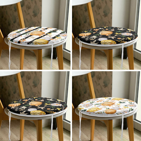 Set of 4 Round Chair, Stool Cushion|Fall Trend Seat Pad with Ties|Striped Orange Gray Pumpkin Chair Pad|Farmhouse Autumn Circle Seat Cushion