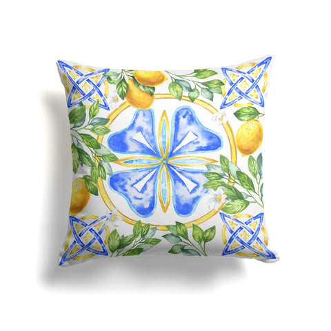 Floral Lemon Pillow Cover|Lemon on Tile Pattern Cushion Case|Housewarming Yellow Citrus Print Home Decor|Farmhouse Yellow Blue Pillow Case