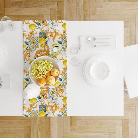 Luxury Lemon Table Runner|Ethnic Pattern Lemon Table Decor|Fresh Citrus Tablecloth|Farmhouse Style Runner|Floral Lemon Green Leaf Tabletop