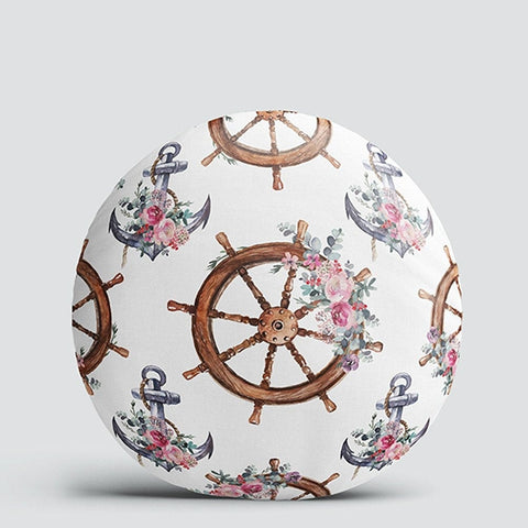 Set of 4 Nautical Round Pillow Case|Floral Anchor and Wheel Circle Pillow Top|Decorative Beach House Cushion|Flowers with Anchor Wheel Decor
