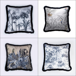 Gray Tropical Pillow Cover|Frilly Palm Tree Cushion Case|Animals in Forest Pillowcase|Elephant Cushion Cover|Toucan Print Throw Pillow Cover