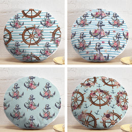 Set of 4 Nautical Round Pillow Case|Floral Anchor and Wheel Circle Pillow Top|Decorative Beach House Cushion|Striped Anchor Wheel Home Decor