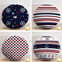 Set of 4 Nautical Round Pillow Case|Blue Red White Anchor Wheel Circle Pillow|Decorative Beach House Cushion|Polkadot Striped Coastal Decor