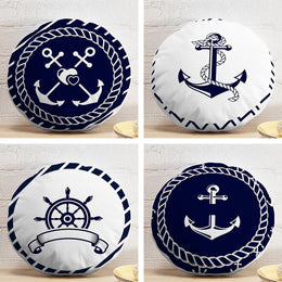 Set of 4 Nautical Round Pillow Case|Navy Blue Anchor and Wheel Print Circle Pillowtop|Decorative Beach House Cushion|Round Cushion Cover