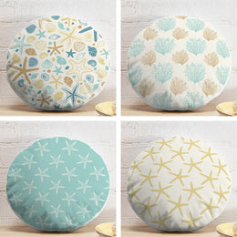 Set of 4 Beach House Round Pillow Case|Starfish Coral and Seashell Print Circle Pillow Cover|Summer Trend Nautical Round Cushion Cover Set