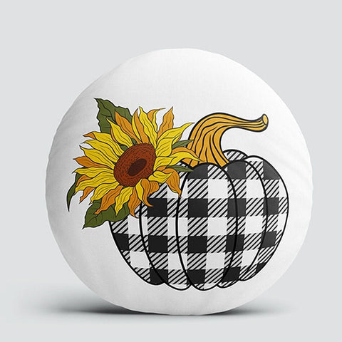 Set of 4 Fall Trend Round Pillow Case|Checkered Pumpkin Circle Pillow Top|Sunflower Autumn Cushion Cover|Plaid Pumpkin Outdoor Cushion Case