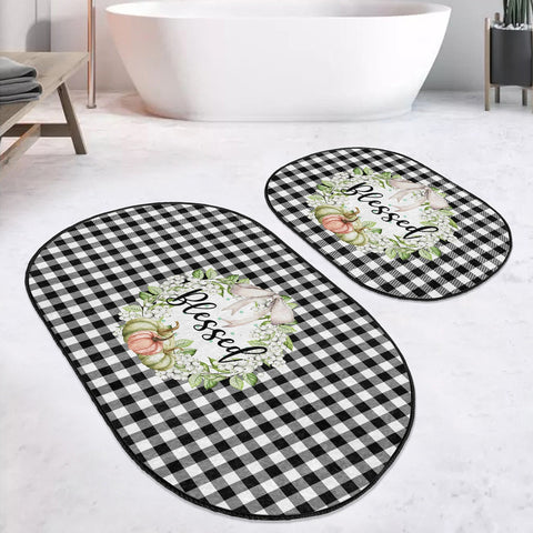 Set of 2 Fall Trend Bath Mat|Non-Slip Bathroom Decor|Autumn Bath Rug|Checkered Pumpkin Kitchen Floor Mat|Oval Shower, Home Entrance Carpet