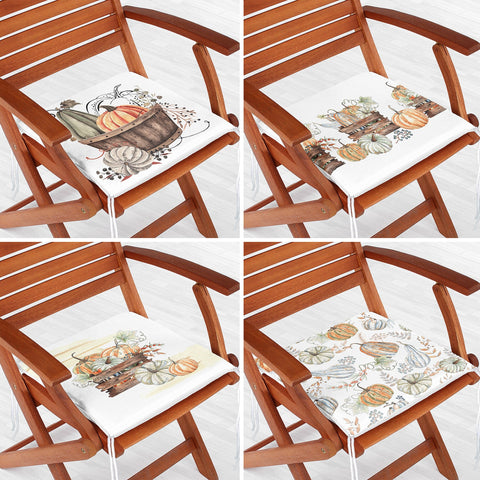 Set of 4 Fall Trend Chair Cushion|Pumpkin and Leaves Seat Pad with Zip Ties|Farmhouse Autumn Chair Pad Set|Thanksgiving Outdoor Seat Cushion