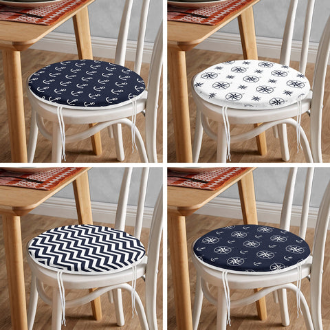 Set of 4 Round Chair, Stool Cushion|Anchor and Compass Seat Pad with Zip, Ties|Nautical Zigzag Chair Pad|Coastal Outdoor Seat Cushion