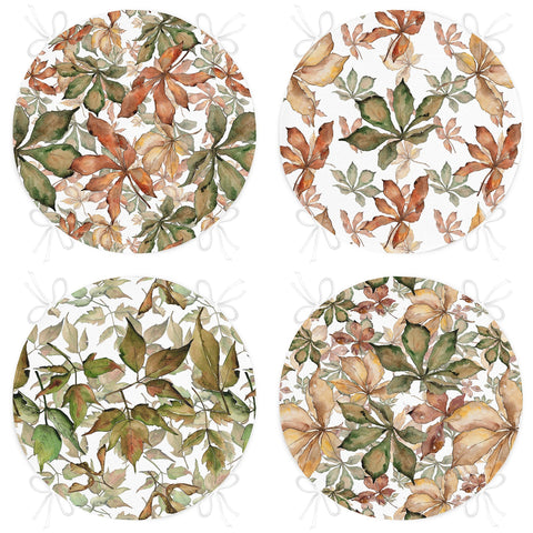 Set of 4 Round Chair, Stool Cushion|Dry Leaves Seat Pad with Zip and Ties|Farmhouse Style Autumn Chair Pad|Leaf Print Outdoor Seat Cushion