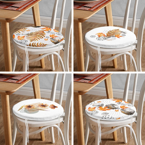 Set of 4 Round Chair, Stool Cushion|Orange Leaves Seat Pad with Zip, Ties|Farmhouse Style Autumn Chair Pad|Leaf Print Outdoor Seat Cushion