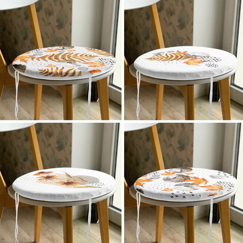 Set of 4 Round Chair, Stool Cushion|Orange Leaves Seat Pad with Zip, Ties|Farmhouse Style Autumn Chair Pad|Leaf Print Outdoor Seat Cushion