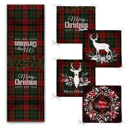 Set of 4 Xmas Chair Pads and 1 Table Runner|Merry Christmas Deer Seat Pad and Tablecloth|Plaid Happy New Year Chair Cushion and Tabletop
