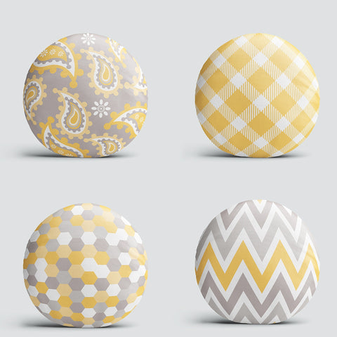 Set of 4 Geometric Round Pillow Case|Yellow Gray Circle Pillow Cover|Decorative Plaid and Zigzag Pattern Pillowtop|Outdoor Round Cushion