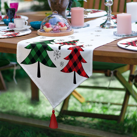 Christmas Runner & Placemat Set|Winter Trend Table Decor|Set of 6 Supla Table Mat|Checkered Pine Tree Tablecloth American Service Underplate
