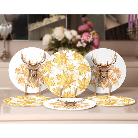 Fall Trend Placemat Set|Farmhouse Autumn Leaves Round Dining Underplate|Leaf and Deer Housewarming Coaster|Set of 6 Autumn Supla Table Mat