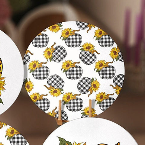 Fall Trend Placemat|Set of 6 Autumn Supla Table Mat|Farmhouse Checkered Pumpkin Round Dining Underplate|Housewarming Sunflower Coaster Set