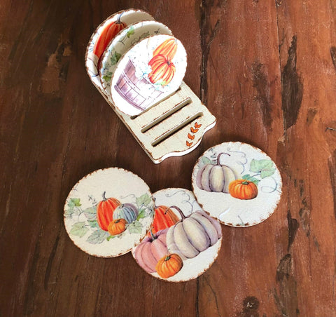 Thanksgiving Coaster Set of 6|Fall Pumpkins and Leaves|Wooden Autumn Decor|Hand Painted Harvest Pumpkin Coasters|Handmade Halloween Decor