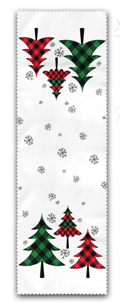 Set of 4 Puffy Chair Pads and 1 Table Runner|Winter Trend Xmas Deer Seat Pad and Tablecloth|Checkered Pine Tree Leaf Snowflake Chair Cushion