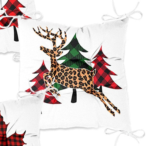 Set of 4 Puffy Chair Pads and 1 Table Runner|Winter Trend Xmas Deer Seat Pad and Tablecloth|Checkered Pine Tree Leaf Snowflake Chair Cushion