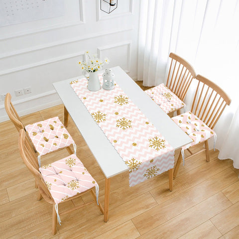 Set of 4 Puffy Chair Pads and 1 Table Runner|Zigzag and Striped Snowflake Seat Pad|Gold Heart Print Winter Trend Seat Cushion with Tabletop