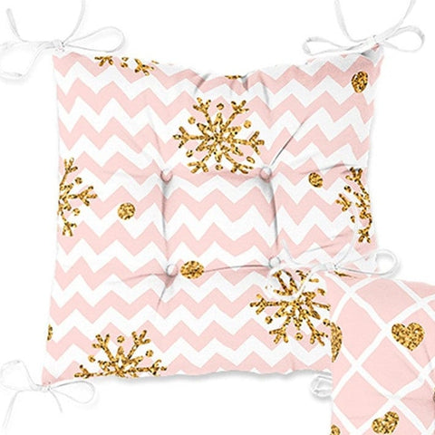 Set of 4 Puffy Chair Pads and 1 Table Runner|Zigzag and Striped Snowflake Seat Pad|Gold Heart Print Winter Trend Seat Cushion with Tabletop