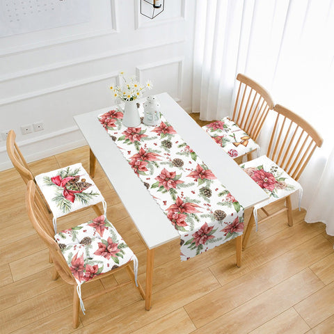 Set of 4 Puffy Chair Pads and 1 Table Runner|Winter Trend Seat Pad and Tablecloth|Pine Cone and Red Poinsettia Xmas Tabletop Chair Cushion