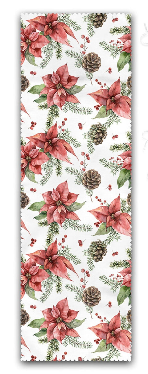 Set of 4 Puffy Chair Pads and 1 Table Runner|Winter Trend Seat Pad and Tablecloth|Pine Cone and Red Poinsettia Xmas Tabletop Chair Cushion