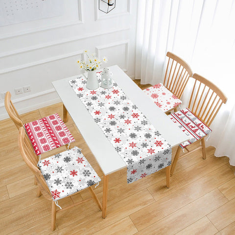 Set of 4 Winter Chair Pads and 1 Table Runner|Winter Trend Xmas Deer, Tree, Snowflake Seat Pad and Tablecloth|Xmas Chair Cushion Tabletop