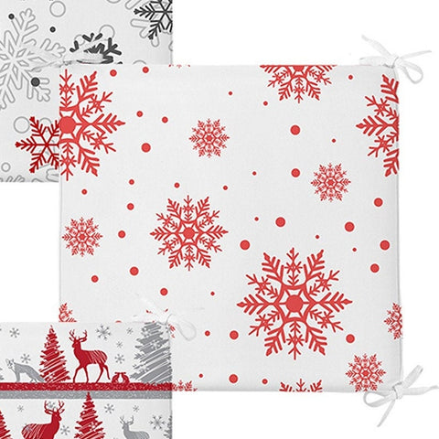 Set of 4 Winter Chair Pads and 1 Table Runner|Winter Trend Xmas Deer, Tree, Snowflake Seat Pad and Tablecloth|Xmas Chair Cushion Tabletop