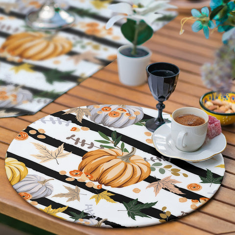 Fall Runner & Placemat Set|Fall Trend Table Decor|Set of 6 Supla Table Mat|Striped Pumpkin Autumn Tablecloth and American Service Underplate