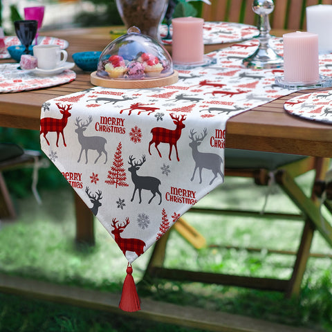 Christmas Runner & Placemat Set|Winter Trend Table Decor|Set of 6 Supla Table Mat|Merry Xmas Deer Tablecloth and American Service Underplate