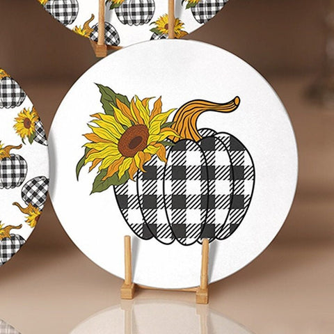Fall Trend Placemat|Set of 6 Autumn Supla Table Mat|Farmhouse Checkered Pumpkin Round Dining Underplate|Housewarming Sunflower Coaster Set
