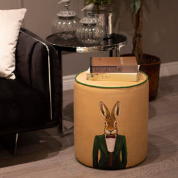 Mr Rabbit Round Pouf|Wooden Frame Pouf Chair|Decorative Royal Animal Print Footstool|Suede Circle Seat|Ottoman Chair Stool|Cozy Room Decor