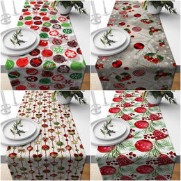 Christmas Table Runner|Winter Trend Tablecloth|Xmas Ornaments and Pine Tree Needles Home Decor|Farmhouse Style Xmas Bell Print Tabletop