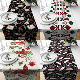 Christmas Table Runner|Winter Trend Tablecloth|Santa Hat and Red Cardinal Bird Home Decor|Xmas Ornaments Runner|Farmhouse Xmas Tabletop