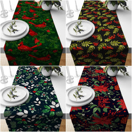 Winter Table Runner|Christmas Tablecloth|Red Cardinal Bird and Berries Home Decor|Green Leaves Print Christmas Runner|Farmhouse Xmas Decor