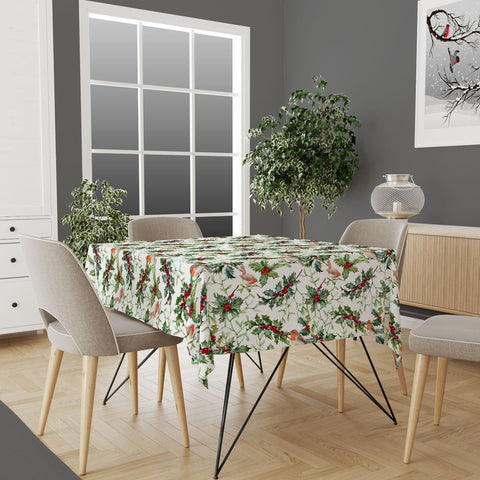 Winter Tablecloth|Bird Print Tabletop|Pine Tree Needles Red Berries Print Xmas Kitchen Decor|Housewarming Farmhouse Christmas Table Cover
