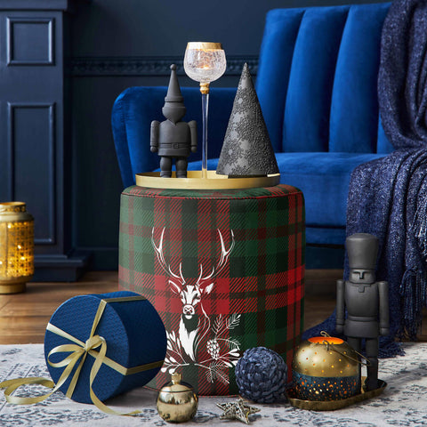 Christmas Round Pouf|Wooden Frame Pouf Chair|Plaid Xmas Deer Print Footstool|Suede Circle Seat|Ottoman Chair Stool|Winter Home Office Decor