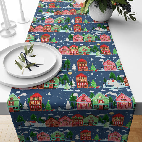 Winter Table Runner|Christmas Tablecloth|Pine Tree and House Table Centerpiece|Xmas Home Decor|Snow and Gift Box Print Farmhouse Tabletop