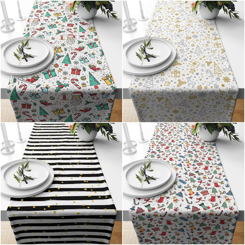Christmas Table Runner|Winter Tablecloth|Striped Table Centerpiece|Xmas Home Decor|Gold Detailed Xmas Gift Box Print Farmhouse Tabletop