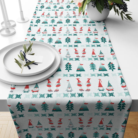 Winter Table Runner|Christmas Tablecloth|Pine Tree and Deer Table Centerpiece|Xmas Home Decor|Dwarf Santa/Gnome Print Farmhouse Tabletop