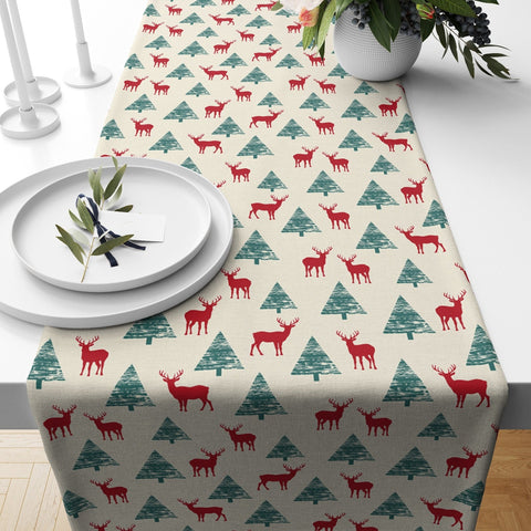 Winter Table Runner|Christmas Tablecloth|Pine Tree and Deer Table Centerpiece|Xmas Home Decor|Dwarf Santa/Gnome Print Farmhouse Tabletop
